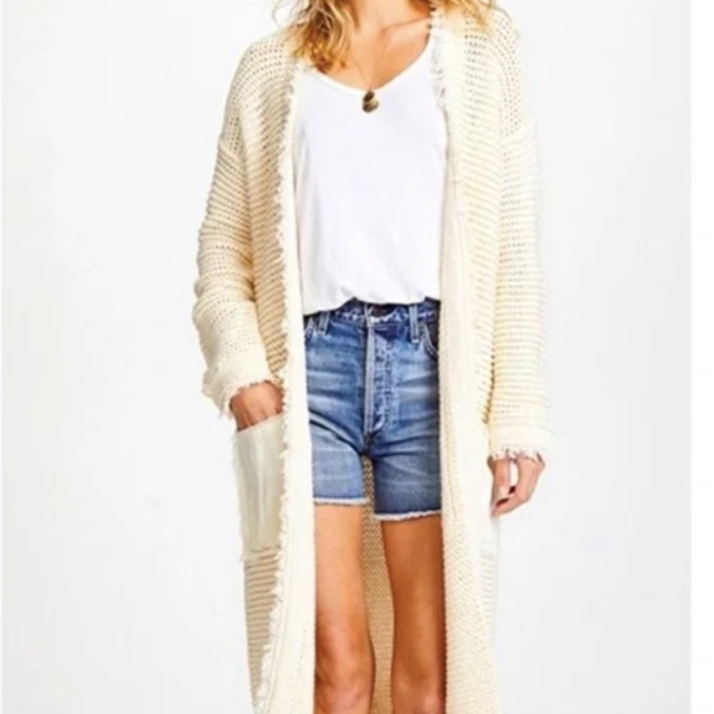 Free People Cream Long Open-Front Duster Cardigan